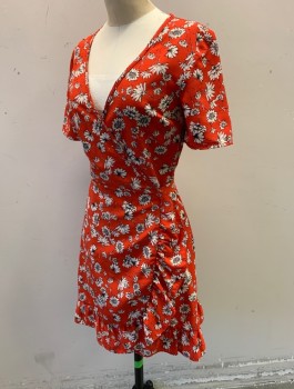 TOP SHOP, Tomato Red, Off White, Navy Blue, Polyester, Floral, Crepe, Wrap Dress, V-neck, Self Ties at Waist, Hem Above Knee,  Self Ruffle at Hem