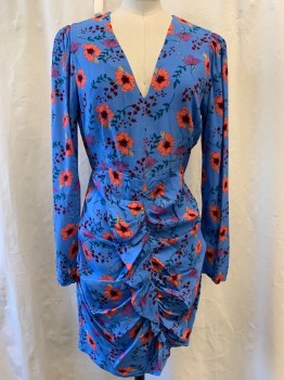 ASTR, Baby Blue, Orange, Purple, Teal Green, Red Burgundy, Polyester, Viscose, Floral, V-neck, Long Sleeves, Rushed Skirt with Waterfall Ruffle., Zip Side, Knee Length