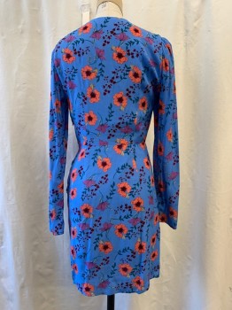 ASTR, Baby Blue, Orange, Purple, Teal Green, Red Burgundy, Polyester, Viscose, Floral, V-neck, Long Sleeves, Rushed Skirt with Waterfall Ruffle., Zip Side, Knee Length