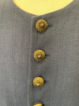Mens, Historical Fiction Frock Coat, N/L, Navy Blue, Wool, Silk, Solid, Ch42, Men's Frock Coat 1700's.10 Gold Filigree Buttons at Center Front, Wide Cuffed Sleeves with Single Button, 3 Buttons on Pocket Flap, Slit Back at Center Back.3pc Outfit 1700's