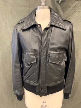 N/L, Black, Leather, Solid, Zip Front, Wide Collar Attached, 2 Flap Patch Pockets, Epaulets, Ribbed Knit Waistband/Cuff