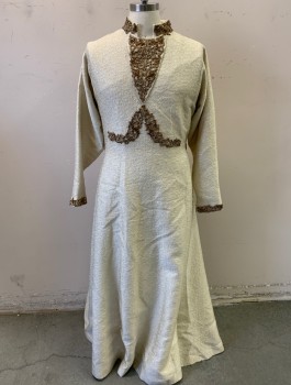 Unisex, Piece 1, NL, Ivory White, Antique Gold Metallic, Cotton, Textured Fabric, 40, Cassock, Textured Fabric, Antique Gold Braided and Sequence Accents, Long Sleeves, 2 Belt Loops on Left & Right,