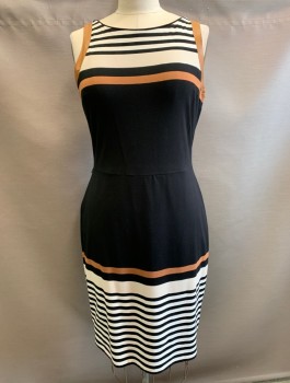 Womens, Dress, Sleeveless, WHT HOUSE BLK MKT, Black, Ecru, Brown, Rayon, Polyester, Stripes - Horizontal , Solid, H:42, B:40, Sz.14, Jersey, Intermittent Ecru and Brown Stripes of Different Sizes, Brown Pleather Trim at Arm Openings, Wide Scoop Neck, Knee Length