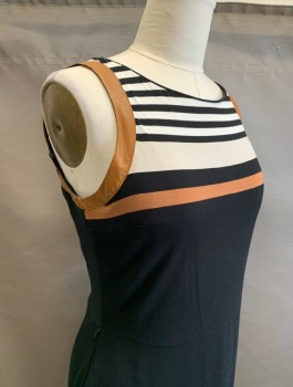 Womens, Dress, Sleeveless, WHT HOUSE BLK MKT, Black, Ecru, Brown, Rayon, Polyester, Stripes - Horizontal , Solid, H:42, B:40, Sz.14, Jersey, Intermittent Ecru and Brown Stripes of Different Sizes, Brown Pleather Trim at Arm Openings, Wide Scoop Neck, Knee Length