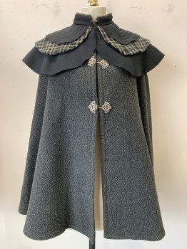 Womens, Cape 1890s-1910s, MTO, Gray, Black, Cream, Wool, Heathered, Plaid, Stand Collar with Quilted,Tiered Layered Attached Shawls, Decorative Silver Hook Closures
