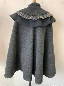 Womens, Cape 1890s-1910s, MTO, Gray, Black, Cream, Wool, Heathered, Plaid, Stand Collar with Quilted,Tiered Layered Attached Shawls, Decorative Silver Hook Closures