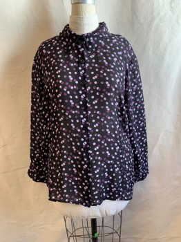Womens, Blouse, LOUBEN, Black, Purple, Lilac Purple, Polyester, Polka Dots, 24, Collar Attached, Button Front, Long Sleeves