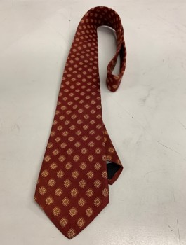 Mens, Tie, VAUGHN, Dk Red, Terracotta Brown, Silk, Medallion Pattern, Small Rounded Square Medallion Pattern,