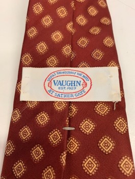 Mens, Tie, VAUGHN, Dk Red, Terracotta Brown, Silk, Medallion Pattern, Small Rounded Square Medallion Pattern,
