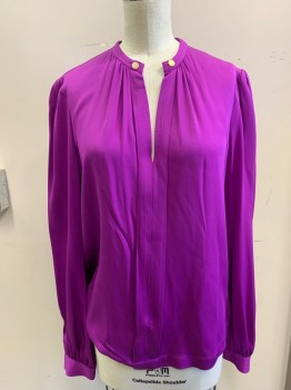 DVF, Purple, Silk, Solid, Long Sleeves, Pullover, 2 Gold Buttons at Center Front Neck, Pleat Center Front,