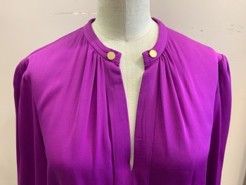 DVF, Purple, Silk, Solid, Long Sleeves, Pullover, 2 Gold Buttons at Center Front Neck, Pleat Center Front,