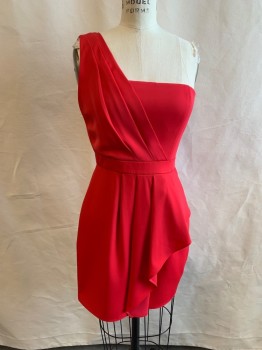 Womens, Cocktail Dress, BCBG , Cranberry Red, Polyester, Solid, 4, Asymmetrical Shoulders, Pleated Strap on Right Side, Ruffle Layer on Skirt, Zip Back