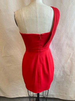 Womens, Cocktail Dress, BCBG , Cranberry Red, Polyester, Solid, 4, Asymmetrical Shoulders, Pleated Strap on Right Side, Ruffle Layer on Skirt, Zip Back