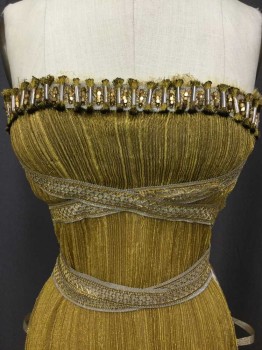 Womens, Historical Fiction Dress, MTO, Gold, Bronze Metallic, Metallic/Metal, 4/6, Made To Order, Winkle Gold Metallic, Open Sides, Strapless Based On A Bra, Wrap Belt, Metal and Beaded Detail At Bust, Train