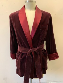Mens, Smoking Jacket, PAUL STUART, Red Burgundy, Cotton, Silk, Solid, L, Velvet, with Satin Shawl Lapel and Cuffs, 3 Patch Pockets, 1" Wide Belt Loops, **With Matching Belt with Tasseled Ends