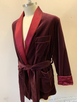 Mens, Smoking Jacket, PAUL STUART, Red Burgundy, Cotton, Silk, Solid, L, Velvet, with Satin Shawl Lapel and Cuffs, 3 Patch Pockets, 1" Wide Belt Loops, **With Matching Belt with Tasseled Ends