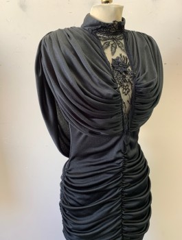 N/L, Black, Polyester, Solid, Cap Sleeves, Large Gathered Yoke Around Shoulders, V Shaped Sheer Panel with Lace & Floral Appliques at Chest, Stand Collar, Clingy Hips with Ruching All Around, Open Back, Padded Shoulders, Hem Below Knee,