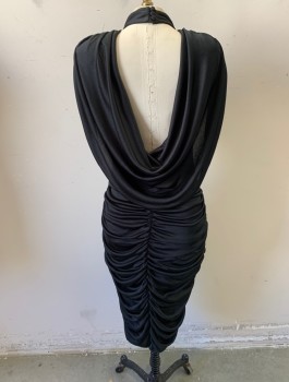 Womens, Cocktail Dress, N/L, Black, Polyester, Solid, W:26, B:34, H:36, Cap Sleeves, Large Gathered Yoke Around Shoulders, V Shaped Sheer Panel with Lace & Floral Appliques at Chest, Stand Collar, Clingy Hips with Ruching All Around, Open Back, Padded Shoulders, Hem Below Knee,