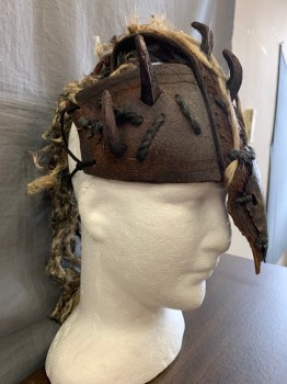 Unisex, Historical Fiction Headpiece, MTO, Brown, Black, Tan Brown, Leather, Straw, Barbarian, Medieval, Fantasy, Thick Leather Woven with Straw, Rubber Teeth Sticking Out Front and Sides, Metal Bit on Nose Piece, Elastic Straps in Back