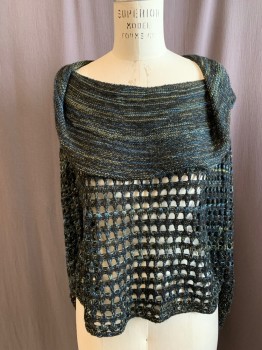 NEW DIRECTIONS, Black, Yellow, Blue, Acrylic, Mottled, Grid , Grid Open Weave, Oversized Rolled Back Collar, Long Sleeves
