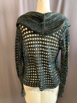 NEW DIRECTIONS, Black, Yellow, Blue, Acrylic, Mottled, Grid , Grid Open Weave, Oversized Rolled Back Collar, Long Sleeves