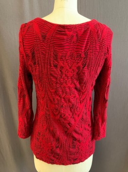 TIANELLO, Red, Black, Rayon, Polyester, Abstract , Stripes, Red with Black Stitched Stripes with Tucks, Scoop Neck, 3/4 Sleeve, Stretch
