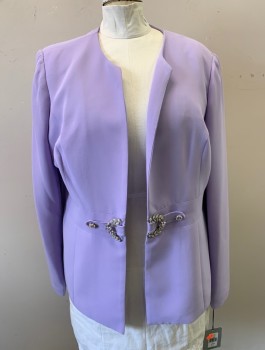 Womens, Suit, Jacket, NIGHT STUDIO, Lavender Purple, Polyester, Solid, Sz.8, Jacket, Padded Shoulders, No Lapel, Open Front, Silver Jeweled Brooch at Waist - *Brooch is Broken