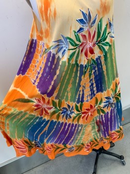 MM COLLECTION, Orange, Green, Purple, Blue, Rayon, Tie-dye, Hand Painted Flowers, Scoop Neck,