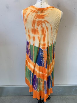 MM COLLECTION, Orange, Green, Purple, Blue, Rayon, Tie-dye, Hand Painted Flowers, Scoop Neck,