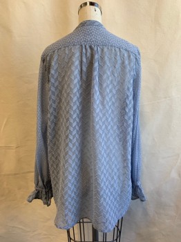 FRENCH CONNECTION, Lt Blue, Polyester, Rayon, Chevron Boucle Chiffon, Rectangular Boucle Chiffon Sleeves/Back Yoke, Button Front 1/2 Placket, Band Collar,  Long Sleeves, Ruffle Cuff with Embroidered Ribbon Cuff
