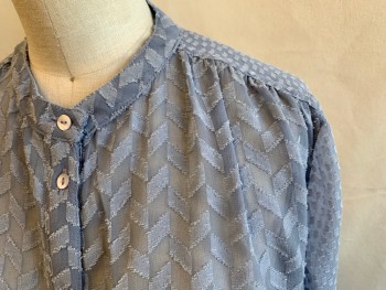 FRENCH CONNECTION, Lt Blue, Polyester, Rayon, Chevron Boucle Chiffon, Rectangular Boucle Chiffon Sleeves/Back Yoke, Button Front 1/2 Placket, Band Collar,  Long Sleeves, Ruffle Cuff with Embroidered Ribbon Cuff