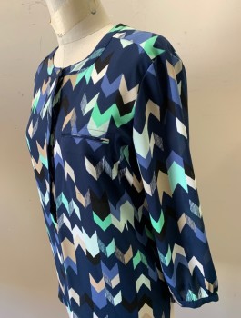 JM COLLECTION, Navy Blue, Mint Green, Beige, White, Polyester, Chevron, Chiffon, 3/4 Sleeves, 4 Button Placket at Front, Round Neck, 1 Pocket, Cascade of Vertical Pleats at Center Back