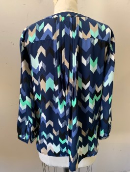 JM COLLECTION, Navy Blue, Mint Green, Beige, White, Polyester, Chevron, Chiffon, 3/4 Sleeves, 4 Button Placket at Front, Round Neck, 1 Pocket, Cascade of Vertical Pleats at Center Back