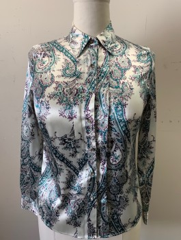 MARKS & SPENCER, White, Aubergine Purple, Teal Blue, Gray, Polyester, Paisley/Swirls, Satin, Long Sleeves, Button Front, Collar Attached, Buttons are Silver Rhinestones, Vertical Pleat at Either Side of Button Placket