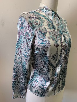 MARKS & SPENCER, White, Aubergine Purple, Teal Blue, Gray, Polyester, Paisley/Swirls, Satin, Long Sleeves, Button Front, Collar Attached, Buttons are Silver Rhinestones, Vertical Pleat at Either Side of Button Placket