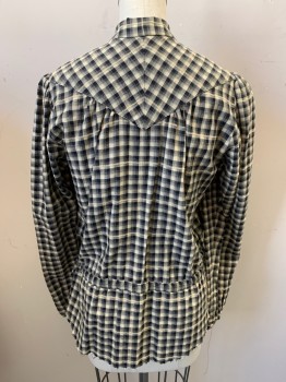 Womens, Blouse 1890s-1910s, MTO, Black, Ecru, Cotton, Plaid, B 36, Flannel, Button Front, Long Sleeves, Drawstring Waist, Pinked Raw Edge Hem, Real Pearl Buttons, Yoke Back,