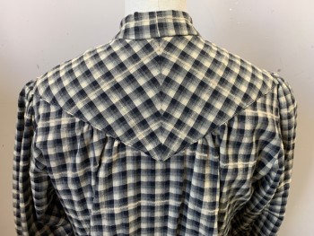 Womens, Blouse 1890s-1910s, MTO, Black, Ecru, Cotton, Plaid, B 36, Flannel, Button Front, Long Sleeves, Drawstring Waist, Pinked Raw Edge Hem, Real Pearl Buttons, Yoke Back,