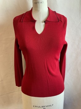 ANN TAYLOR, Red, Black, Rayon, Nylon, Solid, Collar Attached, V-neck, Black Squares on Collar, 1 Button at Neck