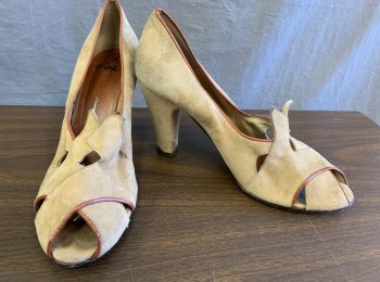 Womens, Shoes, RE-MIX, Beige, Chestnut Brown, Suede, Leather, 8, Reproduction Pumps, Suede with Leather Accent Piping, Peep Toe with Cutout Details, 3.5" Heel