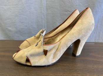 Womens, Shoes, RE-MIX, Beige, Chestnut Brown, Suede, Leather, 8, Reproduction Pumps, Suede with Leather Accent Piping, Peep Toe with Cutout Details, 3.5" Heel