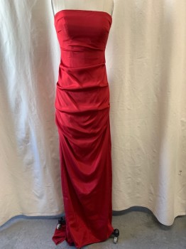 Womens, Evening Gown, NICOLE MILLER, Ruby Red, Silk, Polyester, 2, Strapless, Square Neckline, Ruched, Zip Back, Floor Length Train