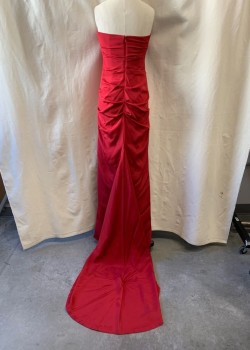 Womens, Evening Gown, NICOLE MILLER, Ruby Red, Silk, Polyester, 2, Strapless, Square Neckline, Ruched, Zip Back, Floor Length Train