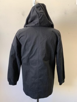 Mens, Casual Jacket, RICK OWENS, Black, Cotton, Leather, Solid, 38, Zip Front, Unusual Black Leather Square Patches with Cutouts, Hooded, Kangaroo Pocket, High End/Designer