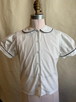 Childrens, Blouse, MILLS, White, Navy Blue, Cotton, Polyester, Solid, 16, (2)  Navy Piping Trim on Scalloped  Collar Attached and Puffy Short Sleeves with Cuff, Button Front,