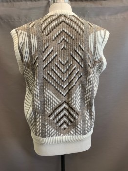 Mens, Vest, LONDON FOG, Beige, Dk Brown, Cream, Acrylic, Wool, Stripes, Abstract , 3 X, Sweater Vest, V-N, Cream Neck and Armscyes and Waistband