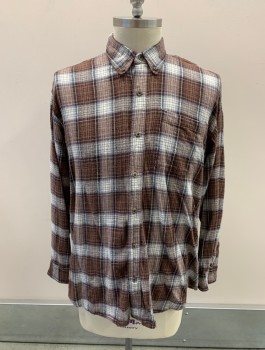 CANYON GUIDE, Caramel Brown, Dove Gray, White, Multi-color, Cotton, Plaid, B.F., L/S, Bttn Down Collar, Chest Pocket, Flannel, Tortoise Shell Buttons