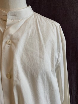 Mens, Shirt 1890s-1910s, MTO, Off White, Cotton, Solid, 33, 14.5, Band Collar, Button Front, L/S