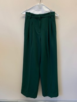 ZARA, Forest Green, Polyester, Solid, Pleated Front, 3 Pockets, Zip Fly, Belt Loops, Wide Leg