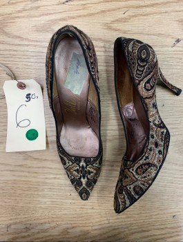 Womens, Shoes, BOND'S, Black, Gold, Lt Brown, Paisley/Swirls, Jacquard, 6, PUMPS, Pointed Toes