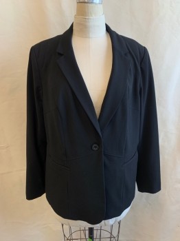 LANE BRYANT, Black, Polyester, Rayon, Solid, Single Breasted, 1 Button, Notched Lapel, 2 Buttons, 3 Button Cuffs